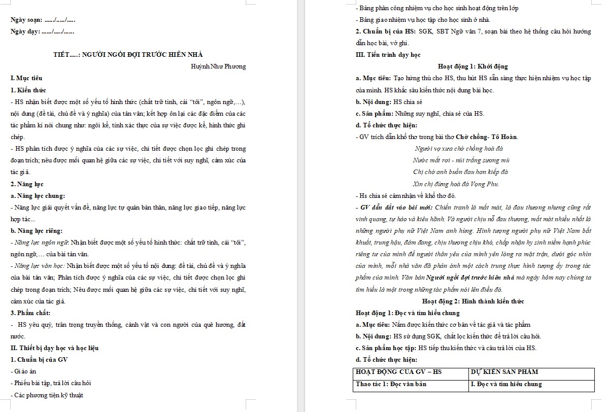 Giáo án Bài Người ngồi đợi trước hiên nhà Ngữ văn 7 Cánh Diều