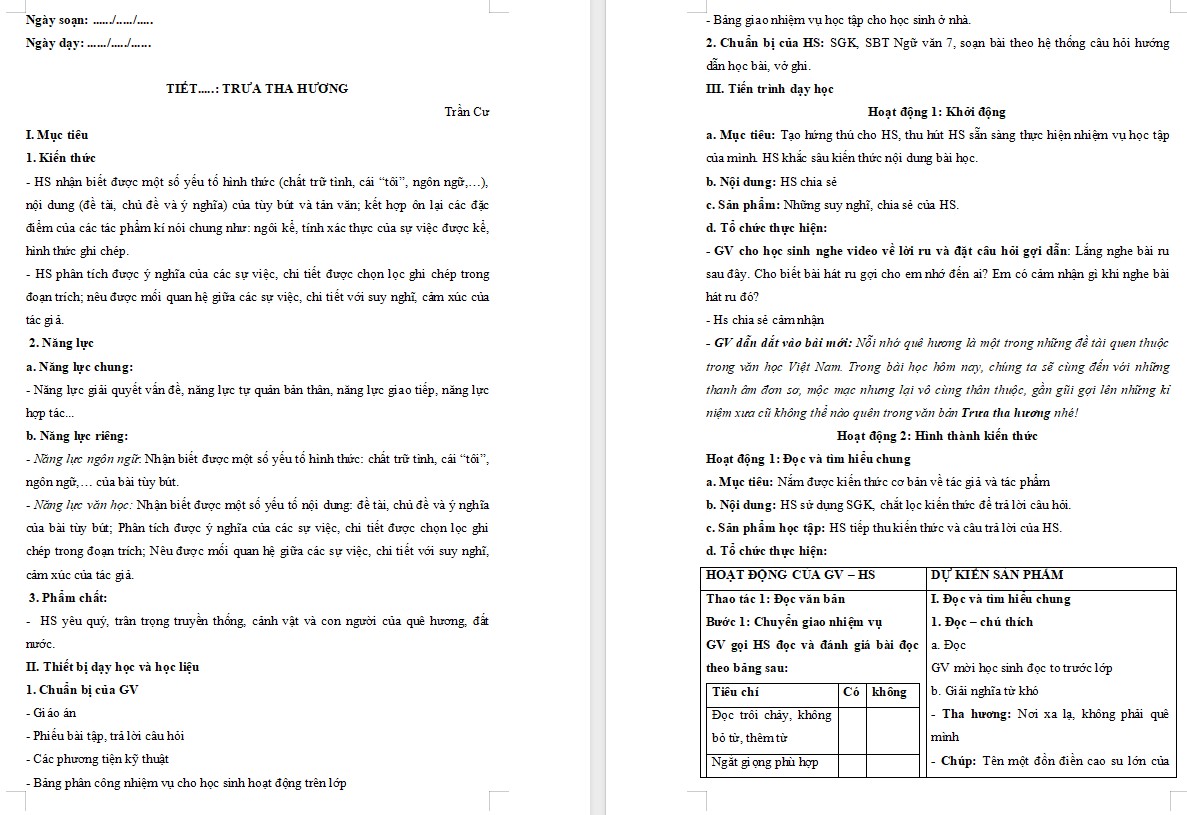 Giáo án Bài Trưa tha hương Ngữ văn 7 Cánh Diều