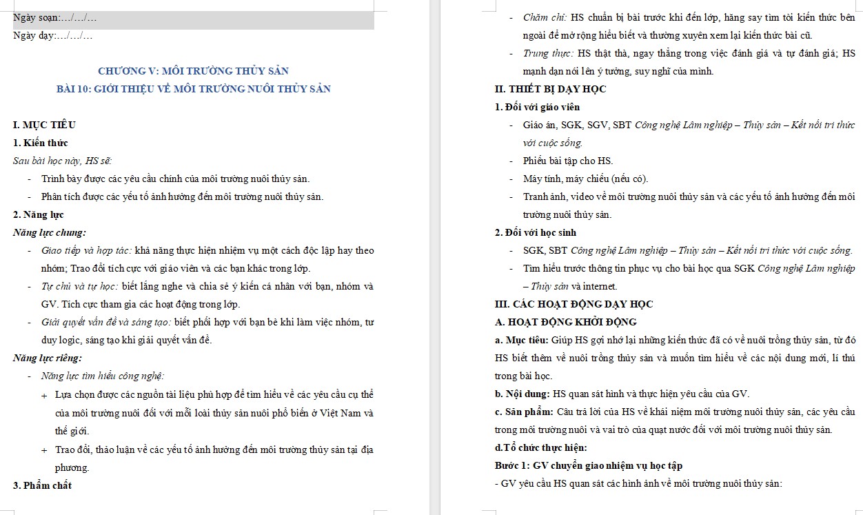 Kế hoạch bài dạy Công nghệ 12 KNTT Bài 10