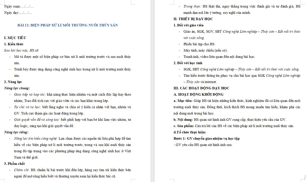 Kế hoạch bài dạy Công nghệ 12 KNTT Bài 12