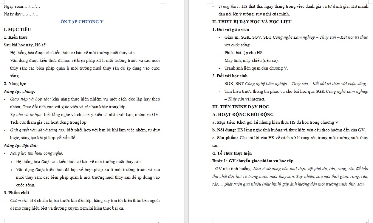 Kế hoạch bài dạy Bài Ôn tập chương 5 Công nghệ 12 KNTT