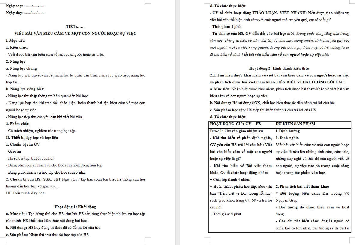Giáo án Bài Viết bài văn biểu cảm về con người hoặc sự việc Ngữ văn 7 Cánh Diều