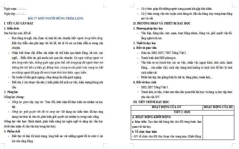 Giáo án Tiếng Việt lớp 5 Bài 27: Một người hùng thầm lặng
