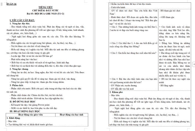 Giáo án Tiếng Việt 3 Bài 14: Hội đua ghe ngo