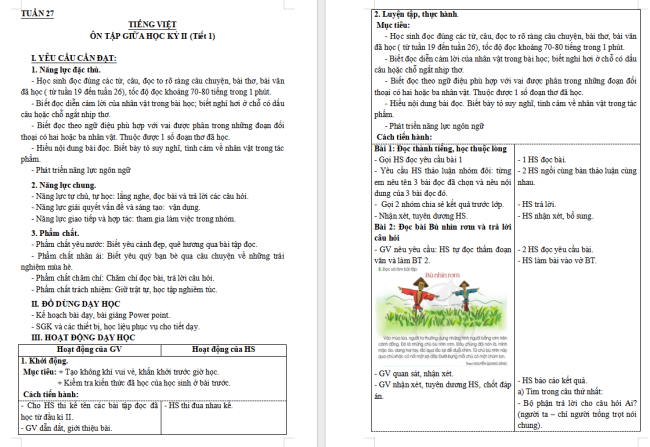 Giáo án Tiếng Việt 3 Bài 15: Ôn tập giữa học kì II (Tiết 1)