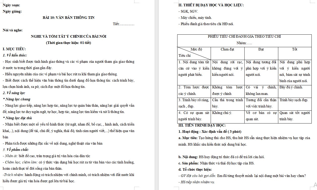 Giáo án Bài Nghe và tóm tắt ý chính của bài nói Ngữ văn 7 Cánh Diều