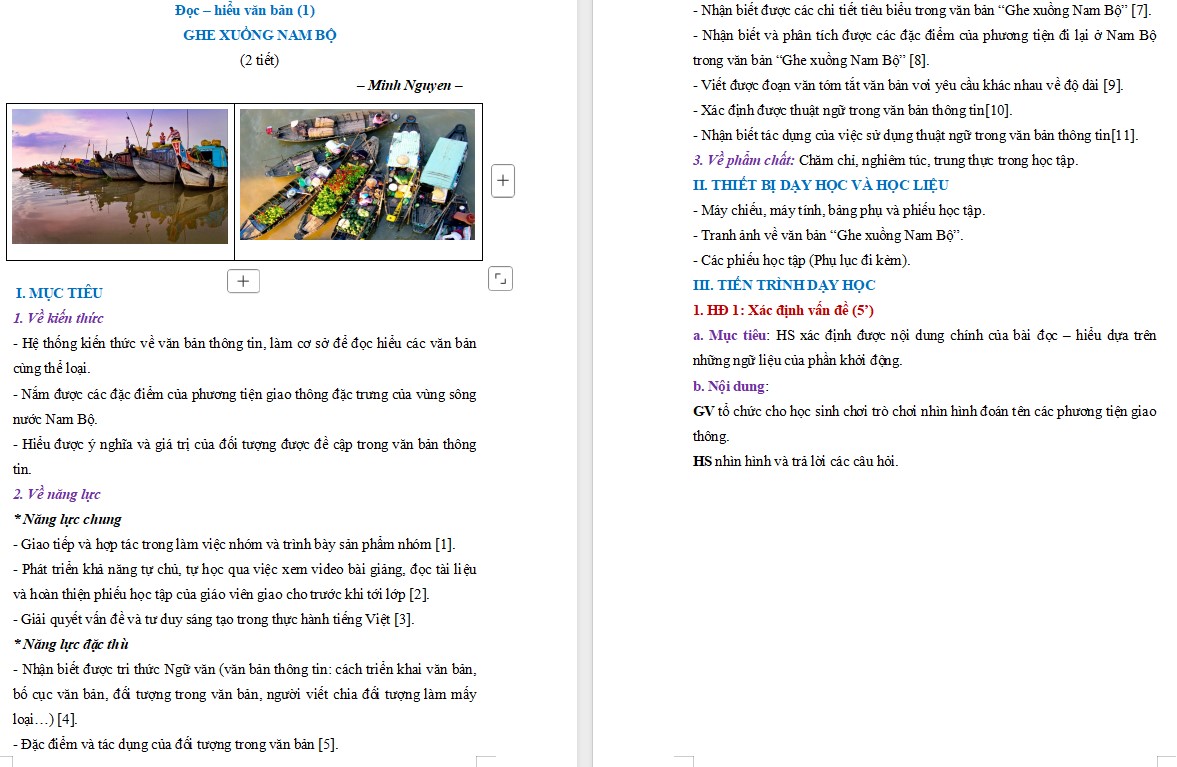 Giáo án Bài Ghe xuồng Nam Bộ Ngữ văn 7 Cánh Diều