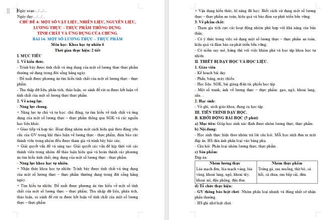 Giáo án Khoa học tự nhiên 6 Bài 14. Một số lương thực - thực phẩm