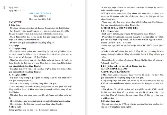 Giáo án Khoa học tự nhiên 6 Bài 6: Đo thời gian