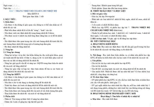 Giáo án Khoa học tự nhiên 6 Bài 7: Thang nhiệt độ Celsius. Đo nhiệt độ