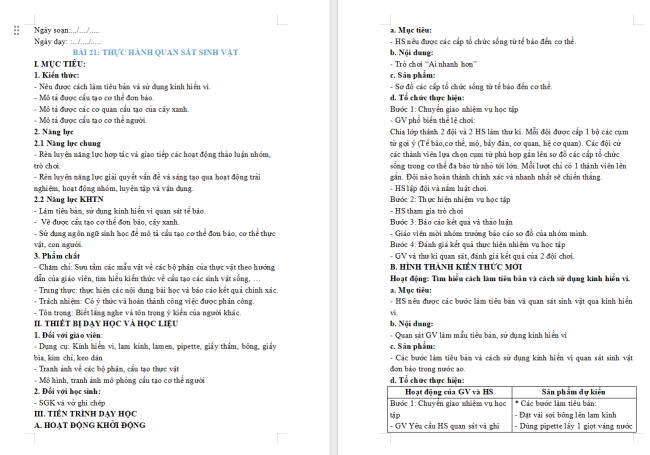Giáo án Khoa học tự nhiên 6 Bài 21: Thực hành quan sát sinh vật