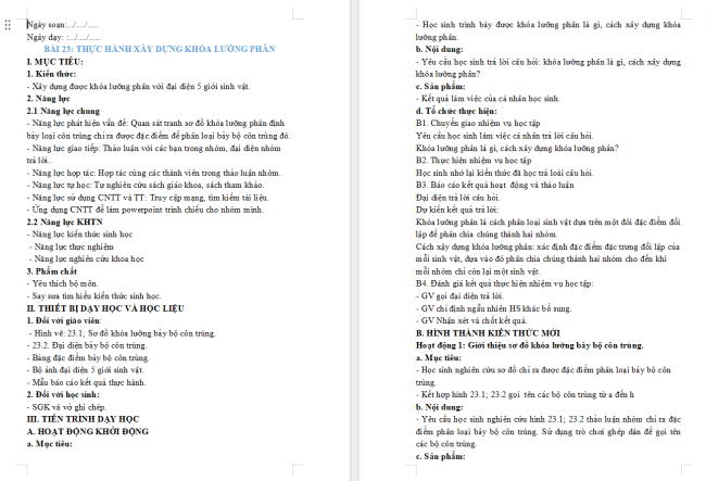 Giáo án Khoa học tự nhiên 6 Bài 23: Thực hành xây dựng khóa lưỡng phân