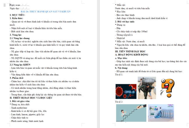 Giáo án Khoa học tự nhiên 6 Bài 26: Thực hành quan sát vi khuẩn. Tìm hiểu các bước làm sữa chua