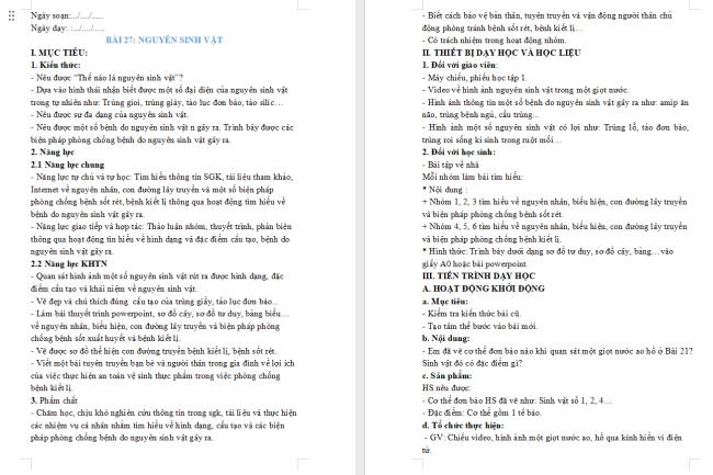 Giáo án Khoa học tự nhiên 6 Bài 27: Nguyên sinh vật