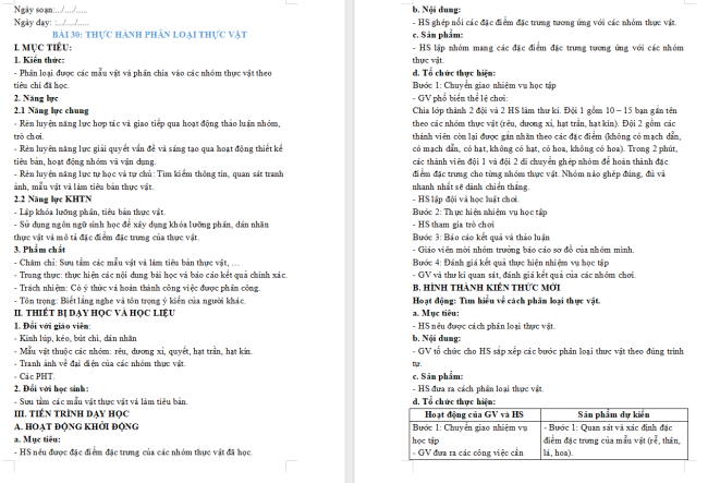 Giáo án Khoa học tự nhiên 6 Bài 30: Thực hành phân loại thực vật