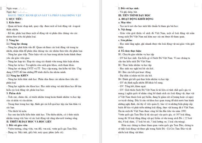 Giáo án Khoa học tự nhiên 6 Bài 32: Thực hành quan sát và phân loại thực vật ngoài thiên nhiên