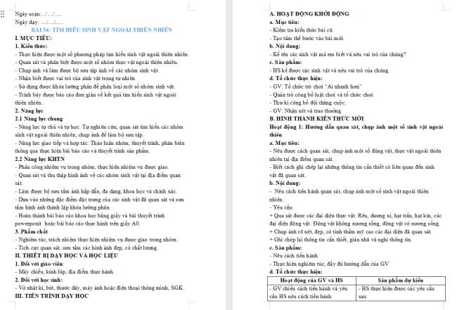Giáo án Khoa học tự nhiên 6 Bài 34: Tìm hiểu sinh vật ngoài thiên nhiên