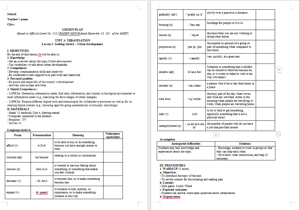 Kế hoạch bài dạy Tiếng Anh 12 Unit 4: Getting Started 