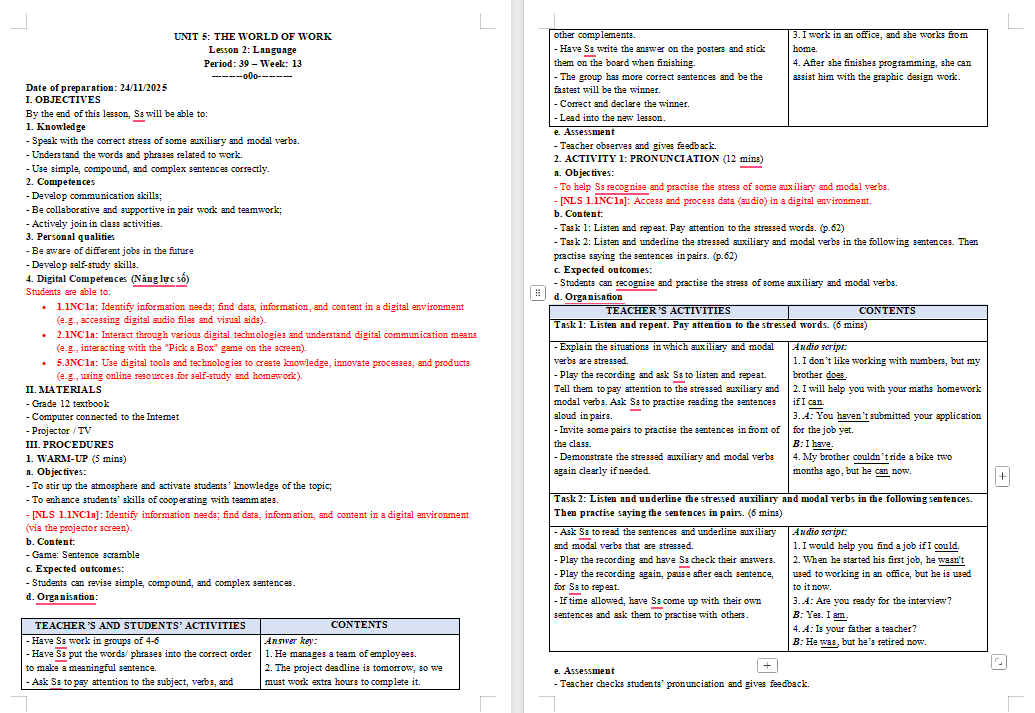 Kế hoạch bài dạy Tiếng Anh 12 Unit 4: Language