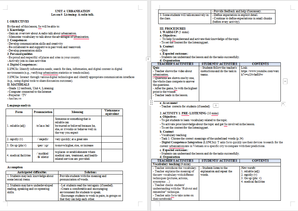 Kế hoạch bài dạy Tiếng Anh 12 Unit 4: Listening