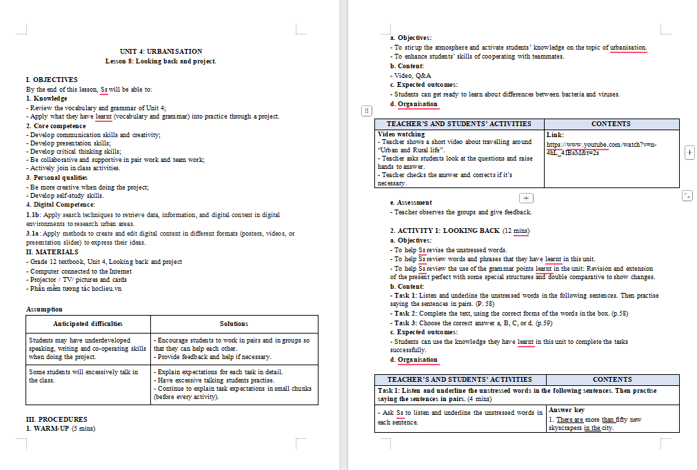 Kế hoạch bài dạy Tiếng Anh 12 Unit 4: Looking Back