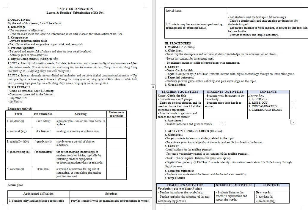 Kế hoạch bài dạy Tiếng Anh 12 Unit 4: Reading