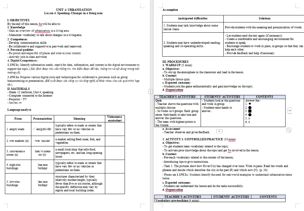 Kế hoạch bài dạy Tiếng Anh 12 Unit 4: Speaking