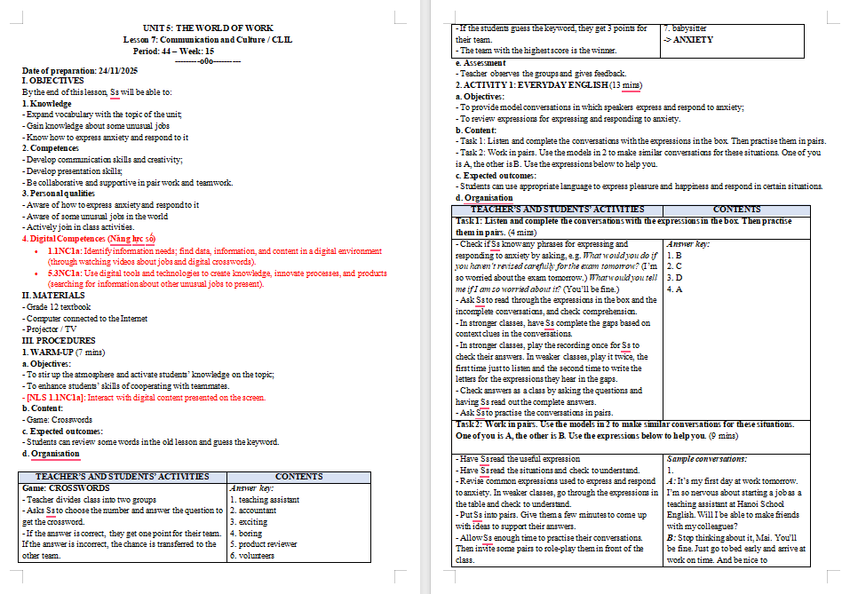 Kế hoạch bài dạy Tiếng Anh 12 Unit 5: Communication and Culture