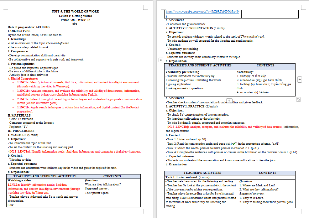 Kế hoạch bài dạy Tiếng Anh 12 Unit 5: Getting Started