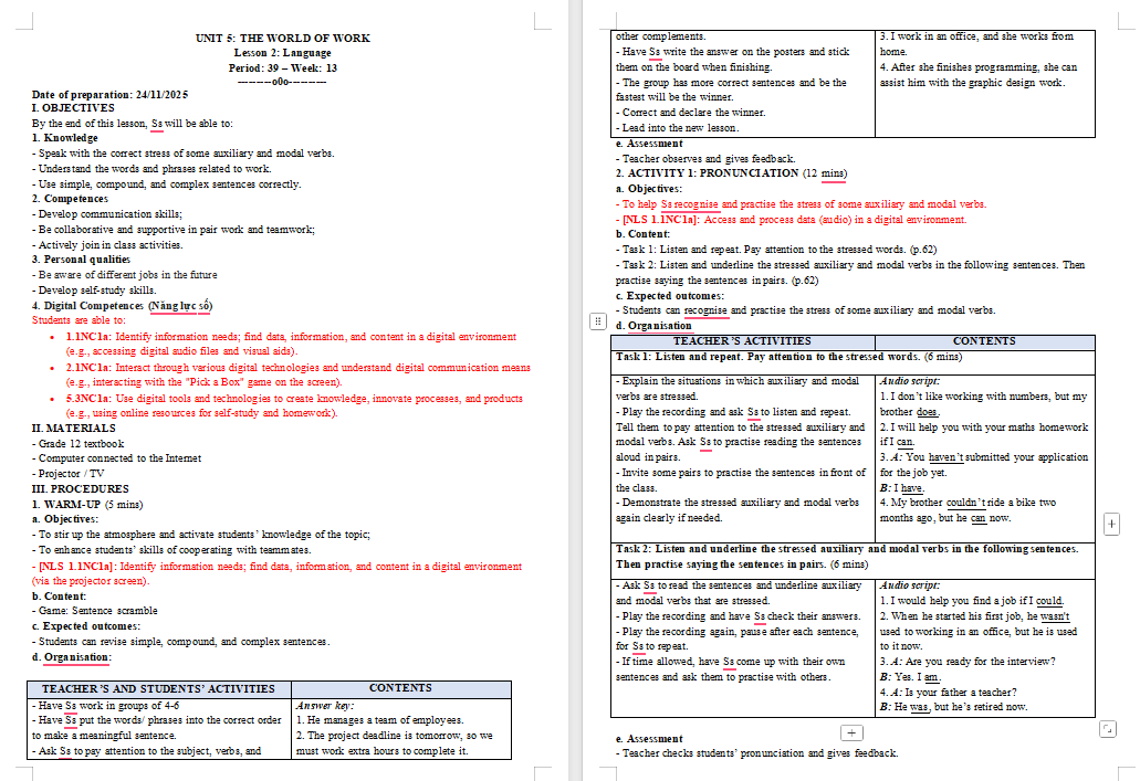 Kế hoạch bài dạy Tiếng Anh 12 Unit 5: Language