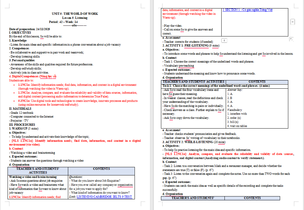 Kế hoạch bài dạy Tiếng Anh 12 Unit 5: Listening