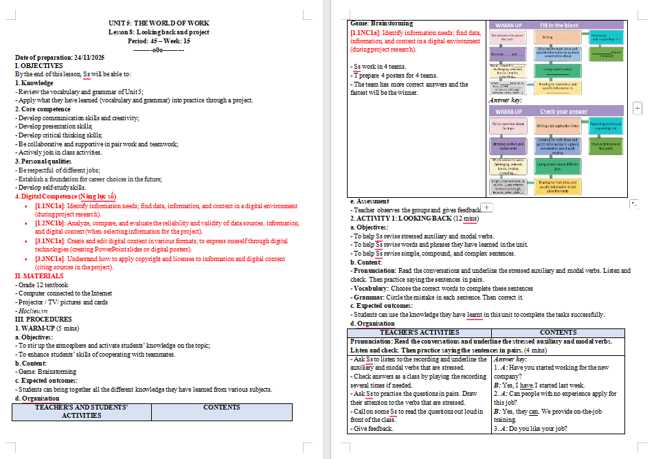Kế hoạch bài dạy Tiếng Anh 12 Unit 5: Looking Back