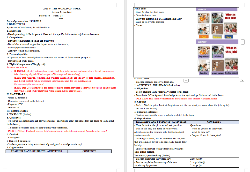 Kế hoạch bài dạy Tiếng Anh 12 Unit 5: Reading