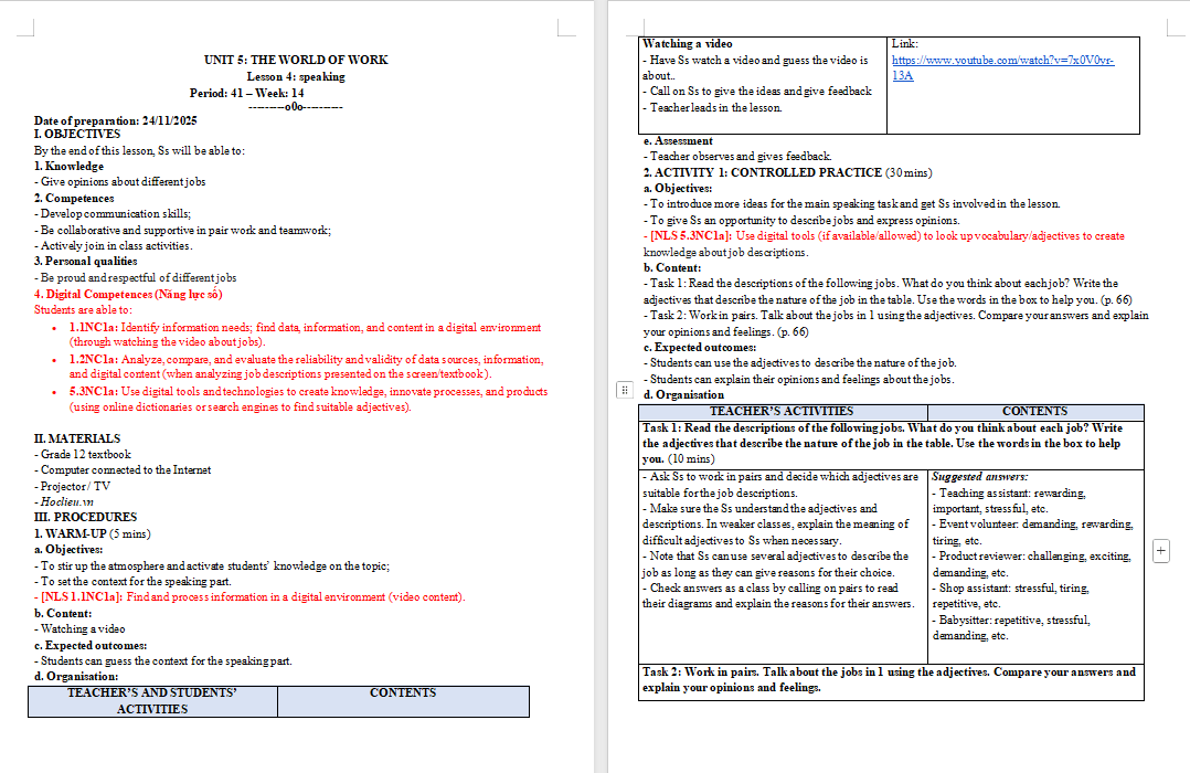 Kế hoạch bài dạy Tiếng Anh 12 Unit 5: Speaking