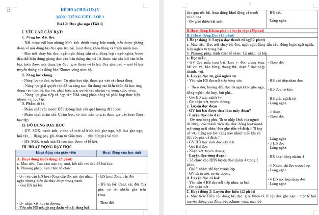 Giáo án Tiếng Việt 3 Bài 2: Đua ghe ngo