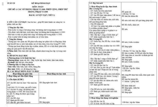 Giáo án Toán 2: Luyện tập trang 62