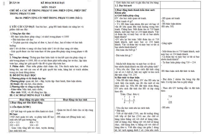 Giáo án Toán 2: Phép cộng (có nhớ) trong phạm vi 1000