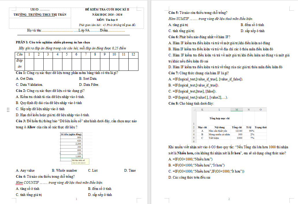 Đề kiểm tra cuối học kì 2 Tin học 9