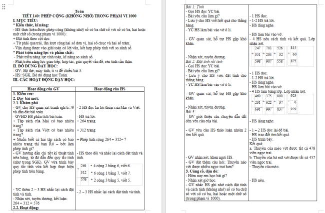Giáo án Toán 2 Bài 59: Phép cộng (không nhớ) trong phạm vi 1000