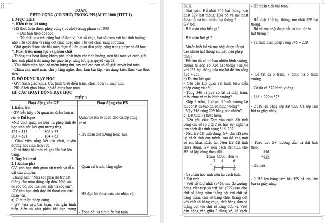 Giáo án Toán 2 Bài 60: Phép cộng (có nhớ) trong phạm vi 1000