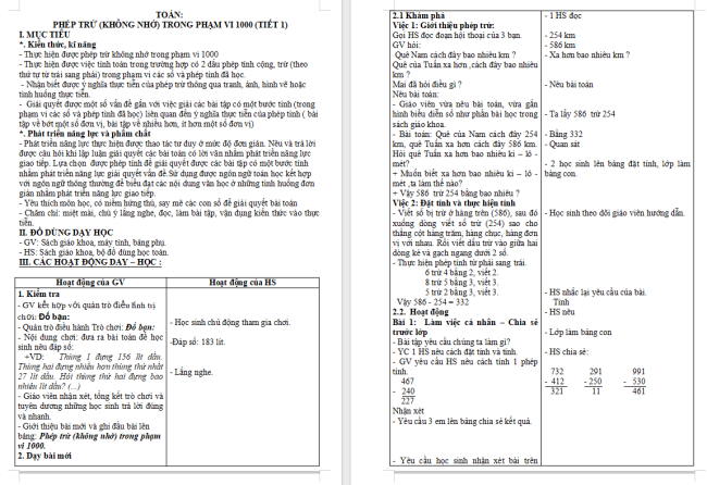 Giáo án Toán 2 Bài 61: Phép trừ (không nhớ) trong phạm vi 1000