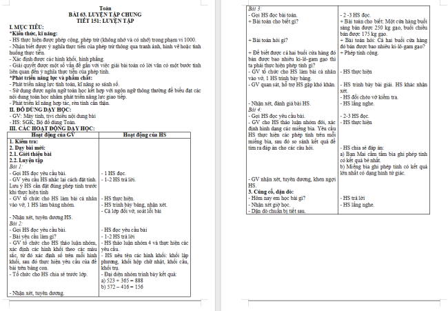 Giáo án Toán 2 Bài 63: Luyện tập chung
