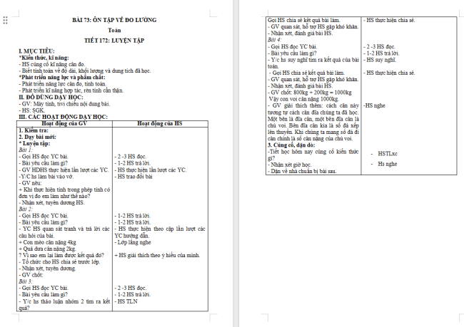 Giáo án Toán 2 Bài 73: Ôn tập đo lường
