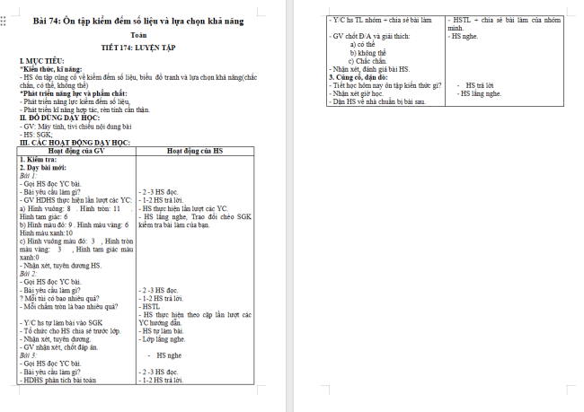 Giáo án Toán 2 Bài 74: Ôn tập kiểm đếm số liệu và lựa chọn khả năng