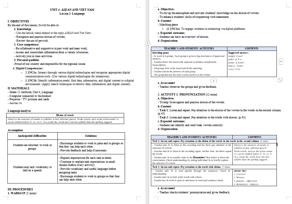 KHBD Tiếng Anh 11 Unit 4: Language 