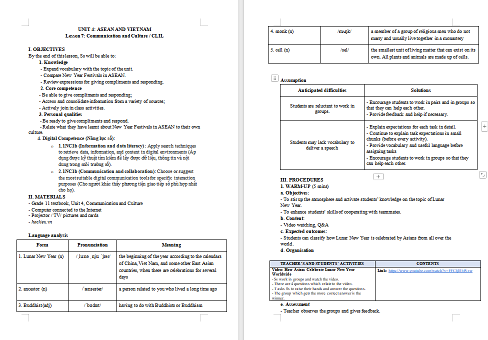 KHBD Tiếng Anh 11 Unit 4: Communication and Culture