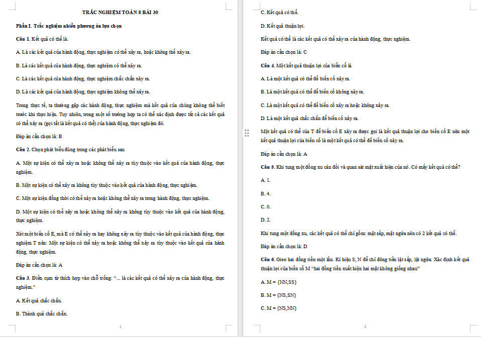 Trắc nghiệm Toán 8 Bài 30