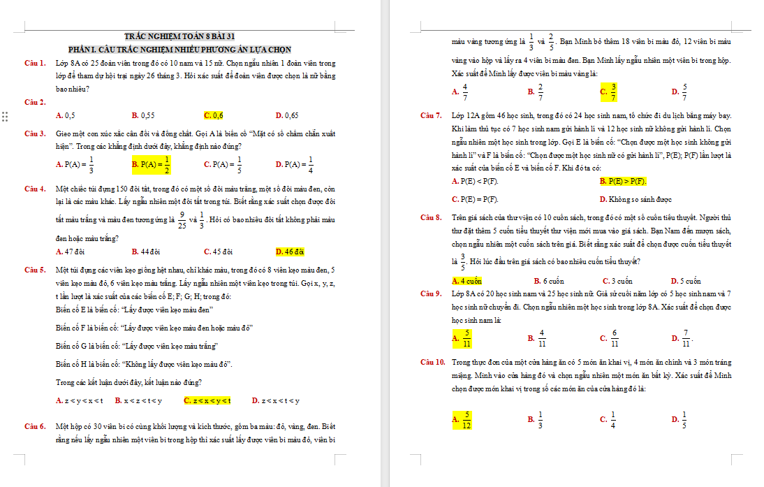 Trắc nghiệm Toán 8 Bài 31