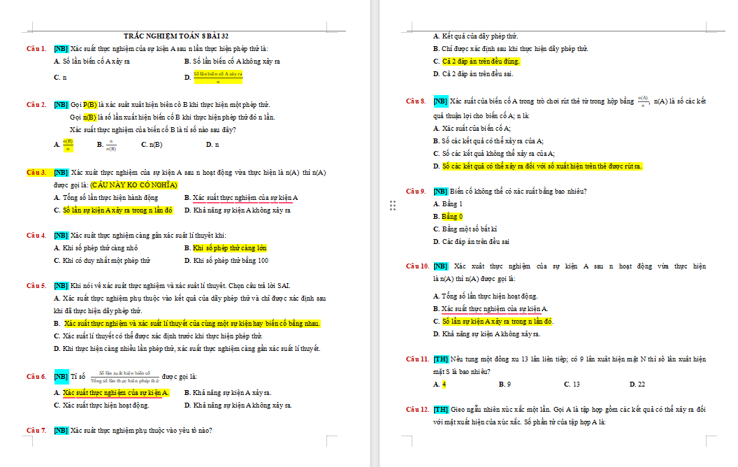 Trắc nghiệm Toán 8 Bài 32