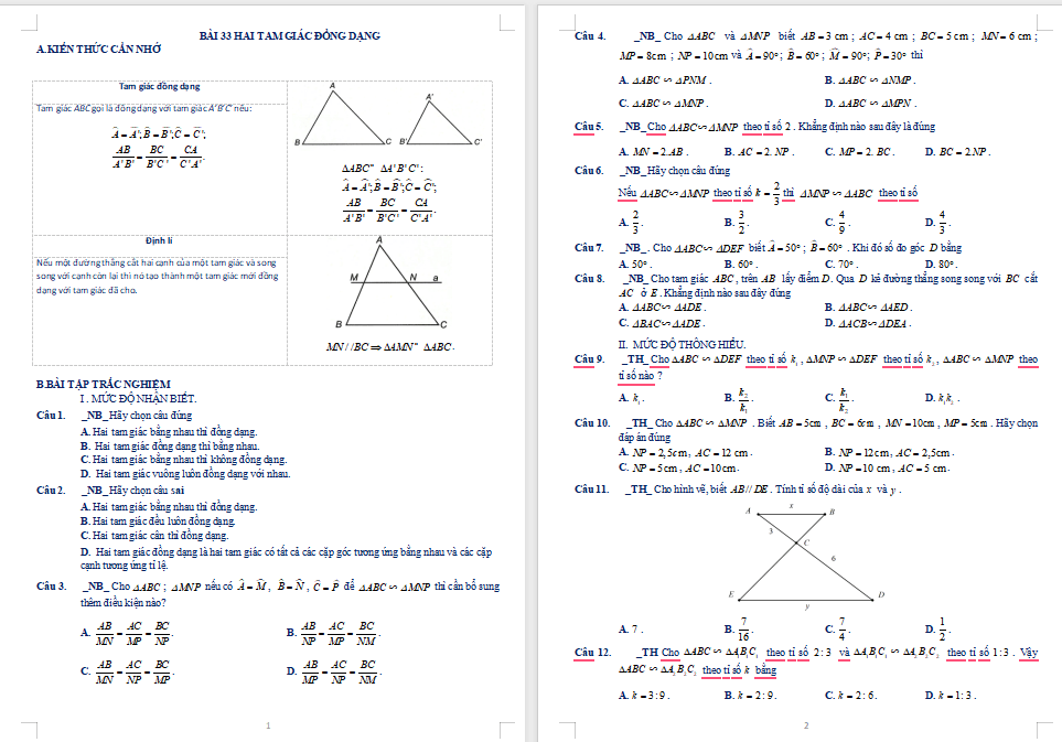 Trắc nghiệm Toán 8 Bài 33